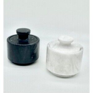 Black White Marble Salt Pepper Cellar Dish Set  Holder Spice Pinch Pot Bowls